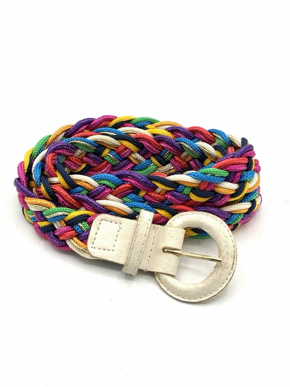 Vintage Multicolor Braided Cord Belt Rainbow Woven White Buckle 43 Inch